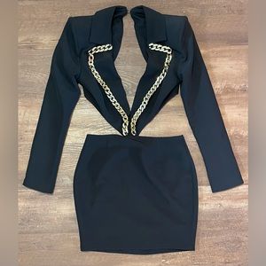 Black mini deep v neck cutout gold chain dress size medium bold shoulders